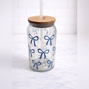 🎀Coquette Navy Bow Iced Coffee Glass | Bamboo Lid + Straw 🎀